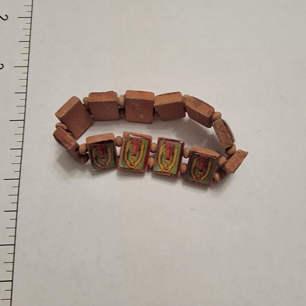 Vintage Wooden Guadalupe Stretch Bracelet with Prayer Icon Tiles, Brown Beads